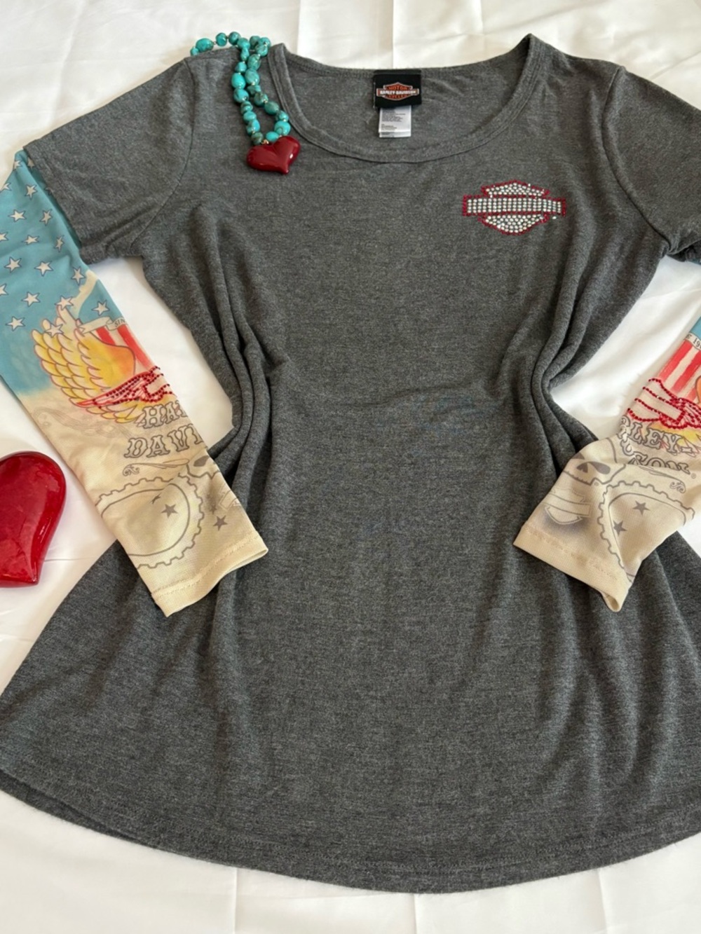 Harley-Davidson W~S Gray Sheer Tattoo Sleeve Top with Rhinestone Graphic logo